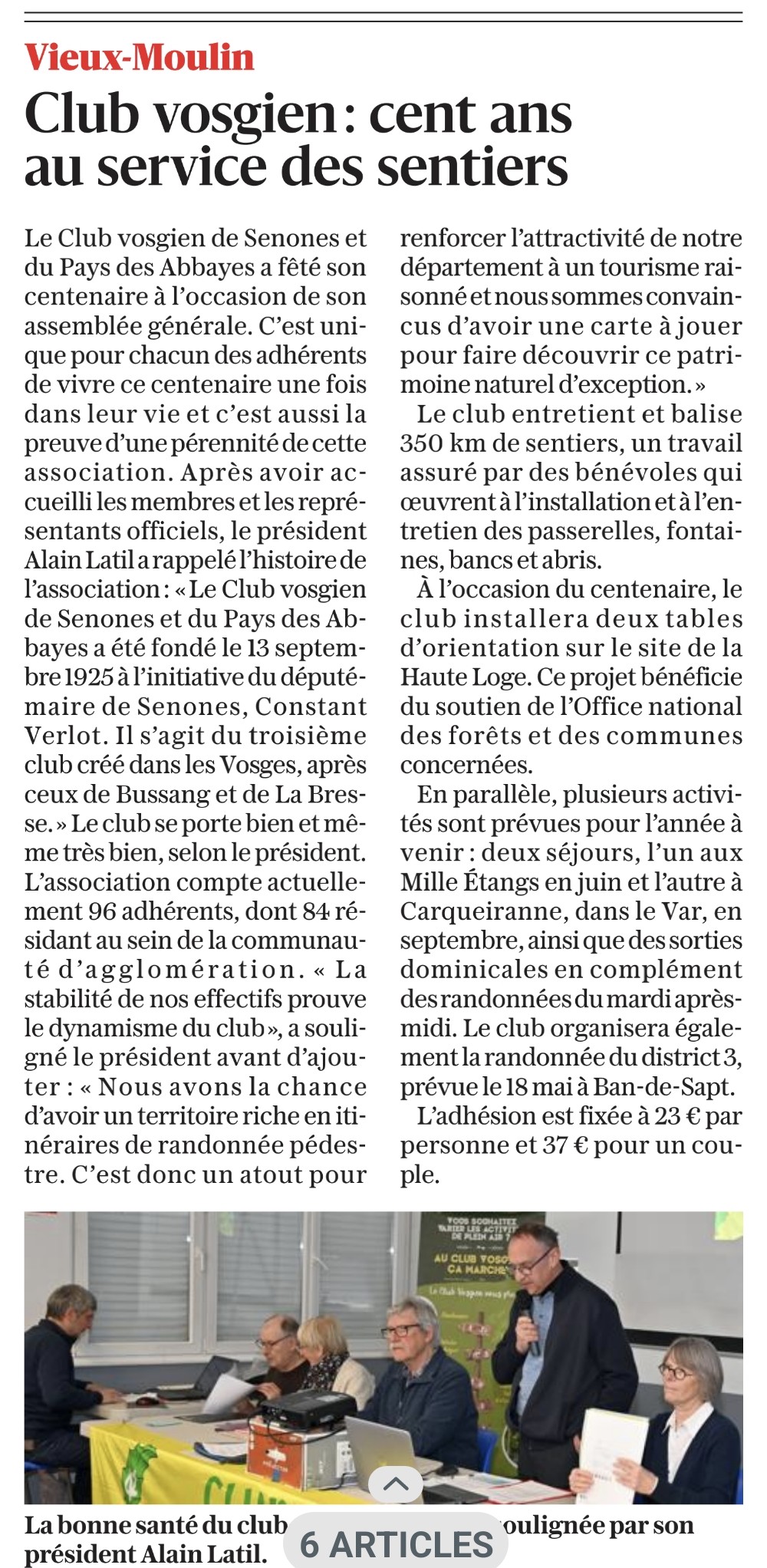 Article de Vosges Matin au sujet de l'AG du 01/03/2025